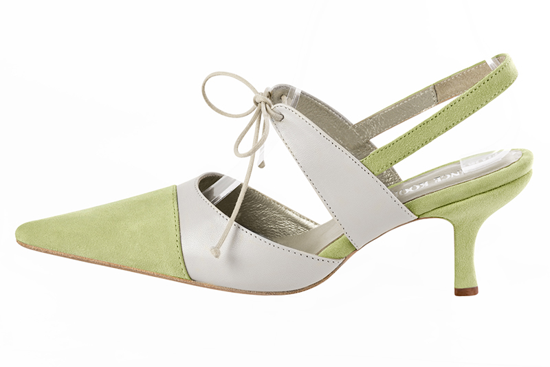 Meadow green and pure white women's open back shoes, with an instep strap. Pointed toe. High slim heel. Profile view - Florence KOOIJMAN